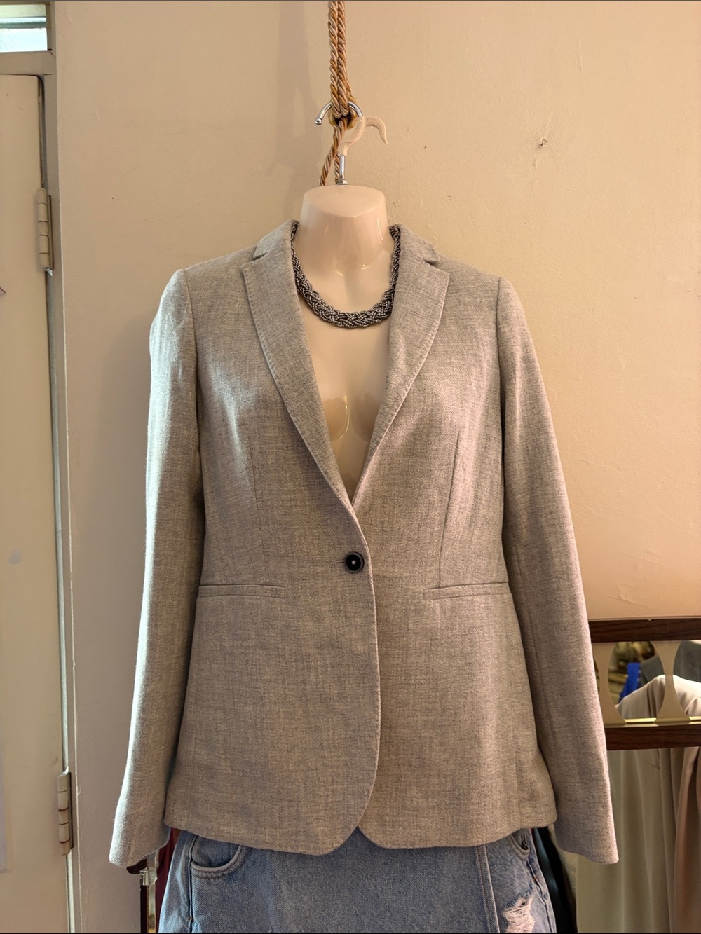 Massimo Dutti Grey Textured Single-Button Blazer. Wool   Alpaca